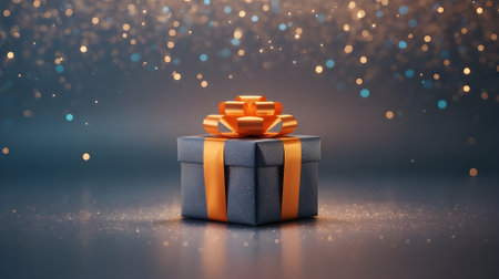 Elegant gift box with golden ribbon on sparkling background, symbolizing celebration, luxury, and festive joy for Christmas or birthdays.の素材