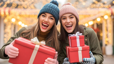 Two cheerful young women in winter hats smiling and holding Christmas gifts outdoors with festive holiday lights in background.の素材