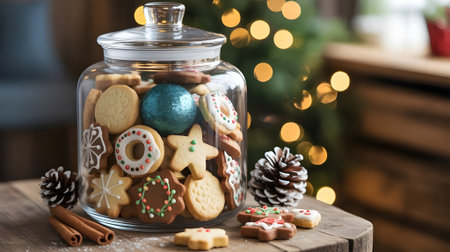 Festive Christmas cookies in a glass jar with holiday decorations, warm lights, and cozy seasonal atmosphere perfect for celebrations.の素材