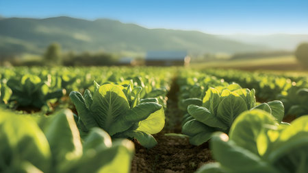 Fresh green lettuce plants growing in fertile farmland under bright sunlight, representing healthy organic farming and sustainable agriculture.の素材