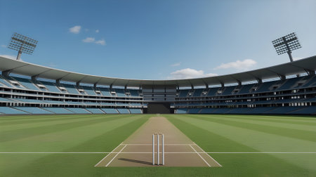 Modern empty cricket stadium with green grass pitch under clear blue sky, perfect for sports events, matches, and tournaments.の素材