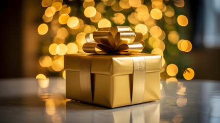 Elegant golden gift box with shiny ribbon on reflective table, glowing with warm festive bokeh lights, perfect for Christmas celebration.の素材