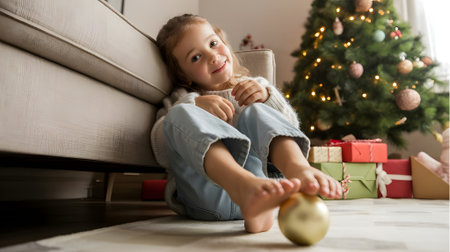 Adorable little girl sitting happily by the Christmas tree with gifts, smiling warmly and enjoying cozy holiday home moments.の素材