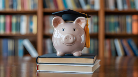 Piggy bank with graduation cap on stacked books symbolizes education savings, student loans, and financial planning for academic success.の素材