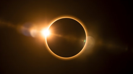 Stunning solar eclipse with bright sun corona and glowing ring of fire, symbolizing cosmic beauty, astronomy, and celestial alignment.の素材
