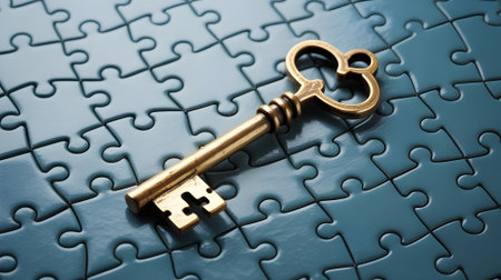 Golden key lying on blue puzzle pieces symbolizing success, solution, opportunity, and unlocking potential with elegant minimal design.の素材