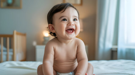 Adorable happy baby sitting on bed, smiling with joy in cozy nursery room, symbolizing innocence, happiness, and childhood purity.の素材