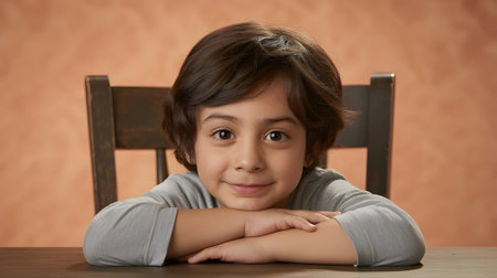 Adorable young boy smiling while resting on a wooden table, captured in warm studio lighting with a soft background.の素材