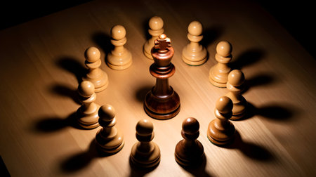 Strategic chess concept with pawns surrounding the king under dramatic lighting, symbolizing leadership, teamwork, power, and decision-making strategy.の素材