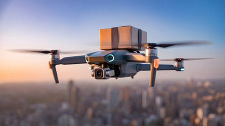 Modern drone delivering package over cityscape at sunset, showcasing futuristic logistics, innovation, and advanced aerial delivery technology concept.の素材