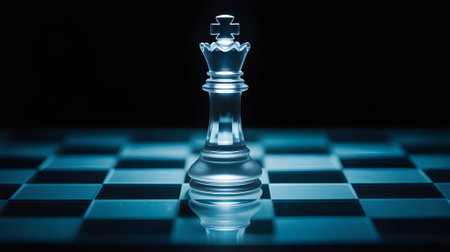 Transparent glass chess king standing on reflective chessboard under blue light, symbolizing power, strategy, leadership, and intelligence in competition.の素材