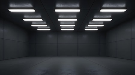 Minimalist dark modern room with bright ceiling lights, creating a futuristic industrial atmosphere perfect for technology or architectural design concepts.の素材