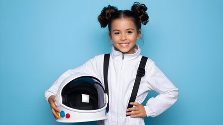 Smiling young girl dressed as an astronaut holding helmet, symbolizing childhood dreams, imagination, exploration, and inspiration for future space adventures.の素材