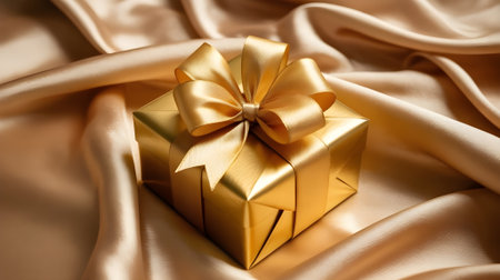 Elegant golden gift box with shiny satin ribbon on luxurious fabric background, symbolizing celebration, luxury, love, and special occasions.の素材