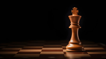 Wooden chess king standing alone on chessboard with dramatic lighting, symbolizing power, leadership, strategy, and intellectual dominance.の素材