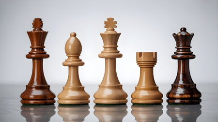 Elegant wooden chess pieces arranged in a row, symbolizing strategy, intelligence, leadership, competition, and business decision-making concepts.の素材