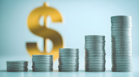 Stacked silver coins forming a growing chart with golden dollar symbol background, representing financial growth, investment, savings, and wealth.の素材