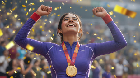 Triumphant female athlete celebrating victory with gold medal and confetti, symbolizing sports success, achievement, determination, and championship glory.の素材