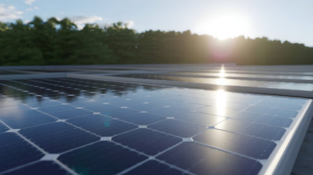 Close-up view of modern solar panels absorbing sunlight, representing renewable energy, sustainability, and clean green technology for the future.の素材