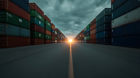 Sunrise between stacked colorful shipping containers at industrial port, symbolizing logistics, global trade, transportation, and cargo management efficiency.の素材