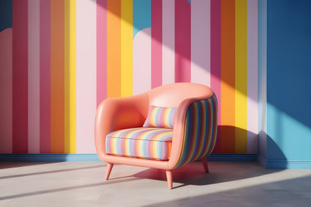 Modern colorful armchair in a vibrant interior with striped walls, symbolizing creativity, comfort, and stylish contemporary home design.の素材