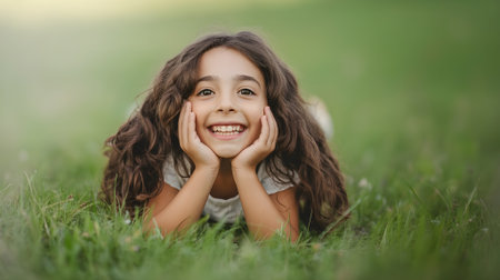 Smiling little girl lying on green grass outdoors, enjoying nature and sunshine, representing happiness, childhood joy, and carefree moments.の素材