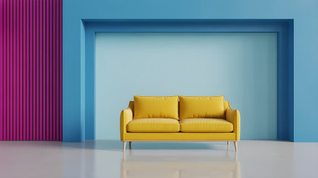 Modern yellow sofa against vibrant blue and magenta wall in minimalist living room interior design, symbolizing comfort, style, and creativity.の素材