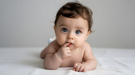 Adorable baby with big blue eyes lying on a soft bed, looking curious and innocent in a bright natural light.の素材