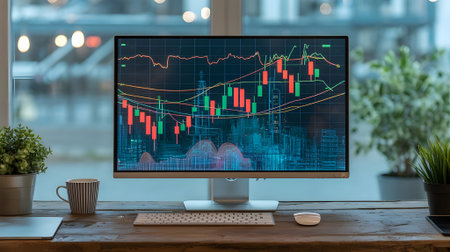 Modern workspace with computer screen showing financial trading charts, stock market analysis, and investment data for business and finance concepts.の素材