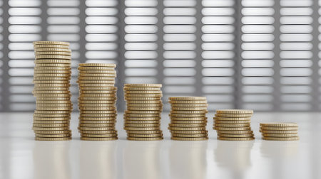 Stacks of gold coins arranged in descending order, representing financial decline, investment loss, economic downturn, and business challenges concept.の素材