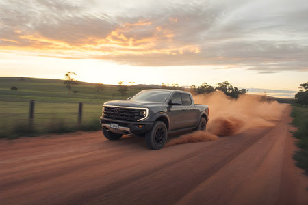 Powerful pickup truck driving fast on a dirt road at sunset, creating dust clouds and showcasing off-road adventure performance.の素材