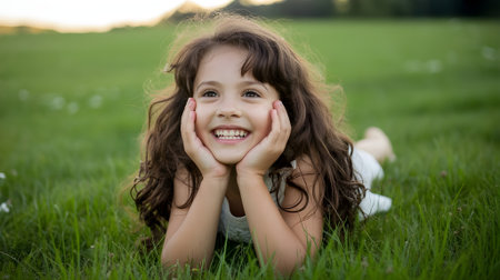 Happy smiling little girl lying on green grass in a park, enjoying nature, sunshine, and carefree childhood moments.の素材