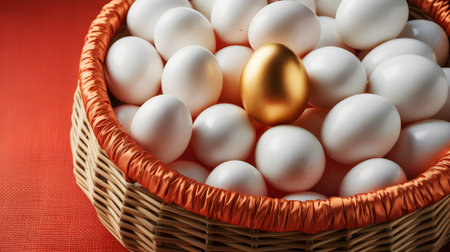 Golden egg among white eggs in a basket symbolizes wealth, success, uniqueness, leadership, and investment opportunity on a red background.の素材