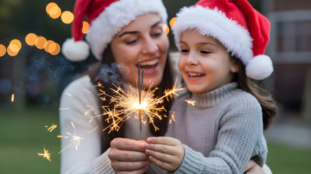 Joyful mother and daughter celebrating Christmas outdoors, wearing Santa hats and holding sparklers, sharing laughter and festive holiday cheer.の素材