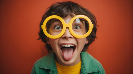 Playful child with big yellow glasses making a funny face against bright orange background, showing joy, creativity, and imagination.の素材