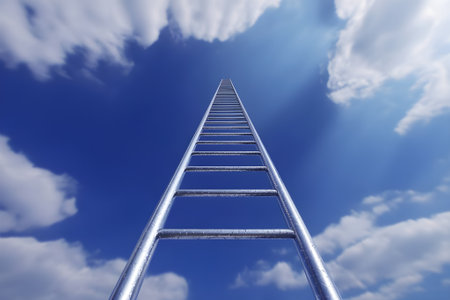 A metallic ladder rising toward the bright blue sky symbolizes ambition, success, growth, and the journey to achieving dreams.の素材