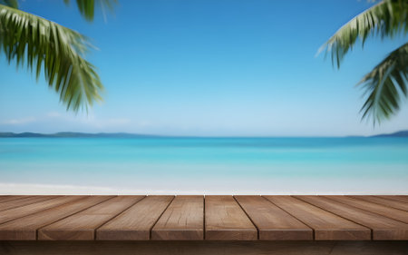 Beautiful tropical beach with turquoise sea, clear blue sky, palm leaves, and wooden deck foreground, perfect for summer vacation background.の素材