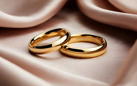 Elegant gold wedding rings on soft satin fabric, symbolizing eternal love, commitment, marriage, luxury, and timeless romance in life.の素材