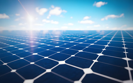 Solar panels under bright sunlight with blue sky, symbolizing clean energy, sustainability, technology, and renewable power for a greener future.の素材