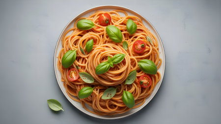 Delicious Italian spaghetti with tomato sauce, fresh basil leaves, and cherry tomatoes served on a white plate, top view.の素材