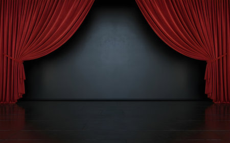 Elegant red stage curtains open to reveal a dramatic spotlight on an empty black background, symbolizing performance, theater, and creativity.の素材