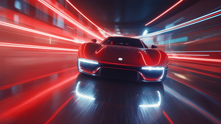 A sleek red sports car speeds through neon lights, showcasing futuristic automotive design, power, motion, and high-performance technology.の素材