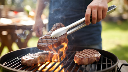 Close-up of a person grilling juicy steaks on a barbecue, showcasing outdoor cooking, summer vibes, and delicious smoky flavor.の素材