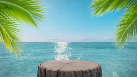 Beautiful tropical beach scene with clear blue ocean, palm leaves, and wooden table under bright summer sunlight, perfect vacation background.の素材
