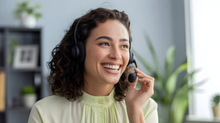 Smiling customer service representative wearing a headset, providing friendly online support in a bright modern office environment.の素材