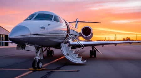 Luxury private jet parked on runway at sunset, symbolizing elegance, business travel, and modern aviation lifestyle in golden light.の素材