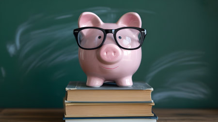 Pink piggy bank with glasses sitting on stacked books, symbolizing financial education, saving money, student budget, and smart investment learning.の素材