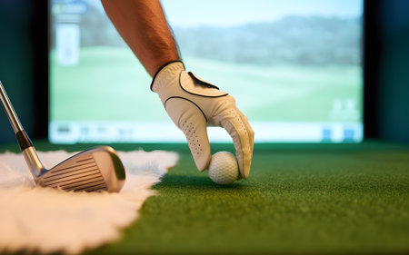 Golfer's hand placing a golf ball on a tee inside a virtual golf simulator. Ideal for sports, recreation, and indoor training.の素材