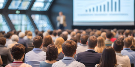 A large audience attends a business conference, focused on a speaker and presentation screen with growth charts.の素材
