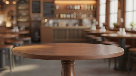 Empty wooden table in cozy blurred cafÃ© background, perfect for showcasing food, drinks, restaurant branding, or product display.の素材
